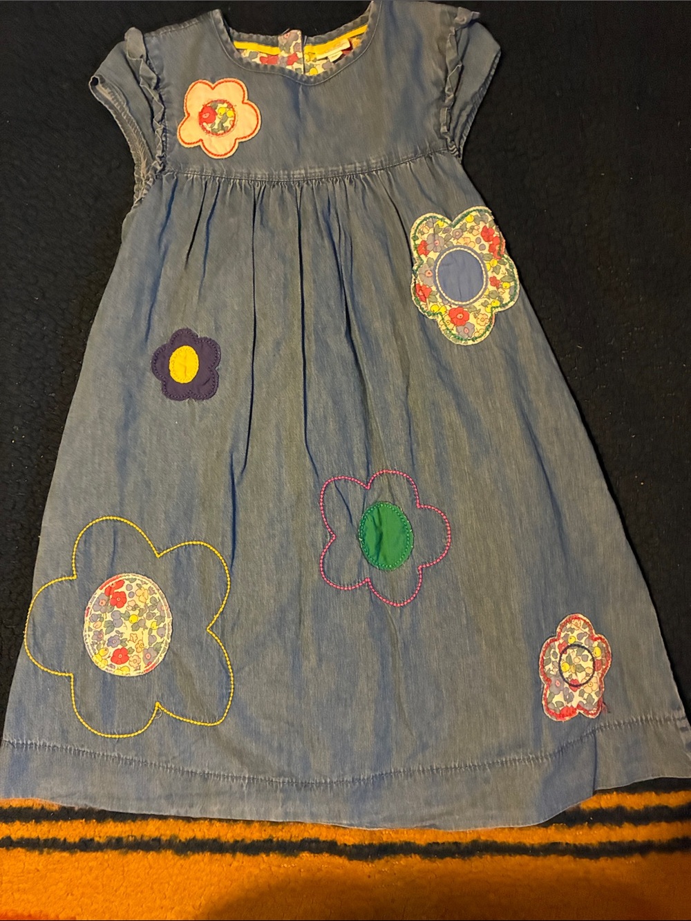 Mini Boden Denim Dress with Colorful Floral Appliqués